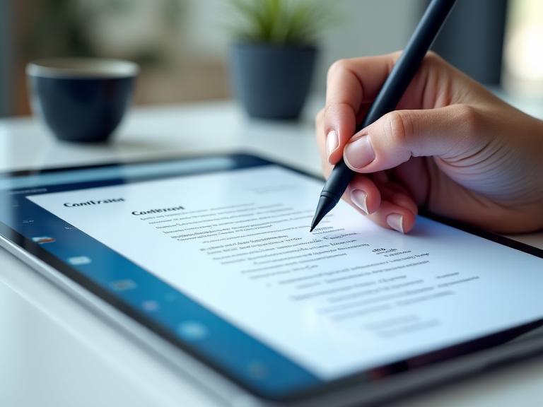 Person unterschreibt digitalen Vertrag auf einem Tablet mit einer Stylus-Eingabe