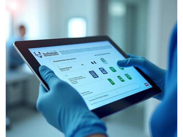 Bild eines Bildschirms, der eine sichere Patientenakte mit Compliance-Badges zeigt, stilisiert als Tablet in den Händen eines Gesundheitsdienstleisters