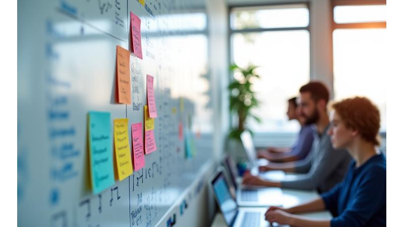 Agiler Entwicklungsworkflow auf einem Whiteboard mit Post-Its und Diagrammen, die Teamarbeit und iterative Schritte darstellen.