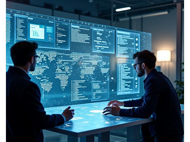 Team arbeitet an der Entwicklung einer maßgeschneiderten CRM-Lösung mit vielen Bildschirmen, Datenfluss und Diagrammen im Hintergrund.
