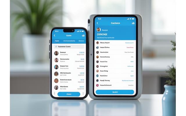 Smartphone und Tablet zeigen eine mobile CRM-App-Oberfläche mit klaren Kontaktinformationen und Aktivitätenprotokollen.
