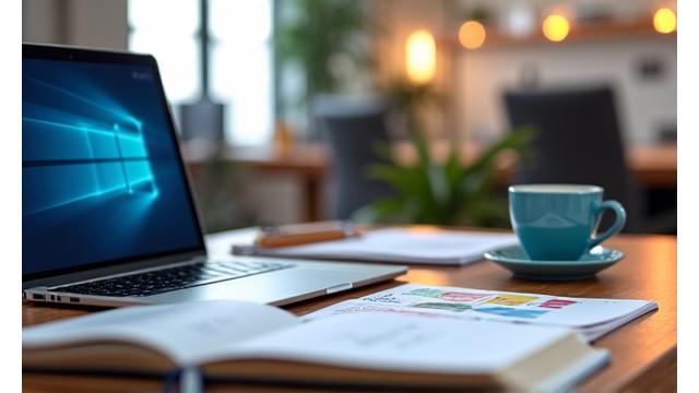 Nahaufnahme einer Kaffeetasse auf einem Schreibtisch mit Laptop und Notizen, symbolisiert Kreativität und konzentrierte Arbeit einer Agentur.