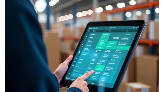 Person, die Waren in einem Lager prüft, während auf einem Tablet E-Commerce-Bestellungen und Kundenprofile angezeigt werden.