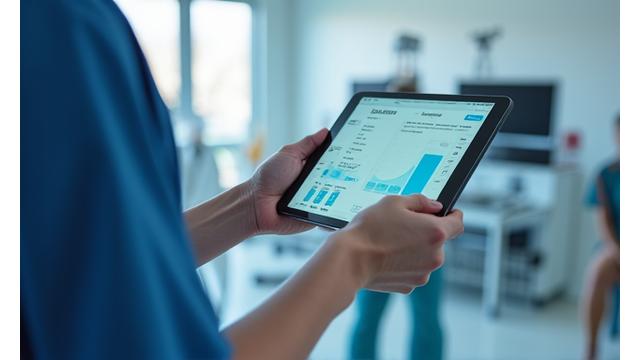 Arzt oder medizinisches Fachpersonal, das Patientendaten auf einem Tablet überprüft, mit einem modernen, sauberen medizinischen Umfeld im Hintergrund.