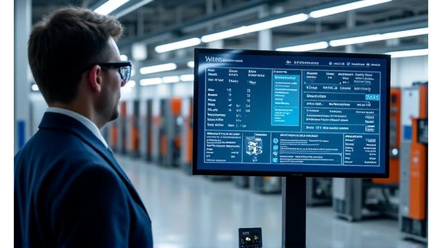 Moderne Produktionsanlage mit automatisierten Maschinen und einem Ingenieur, der Daten auf einem großen Bildschirm überwacht, was die Integration von Fertigungsprozessen symbolisiert.