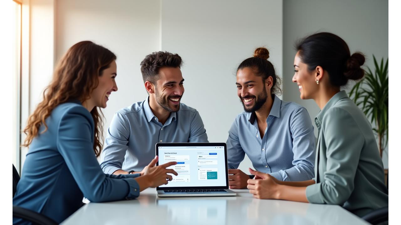Ein freundliches Team von Kokonn CRM-Beratern bei einer Besprechung, die kleine Unternehmen unterstützt.
