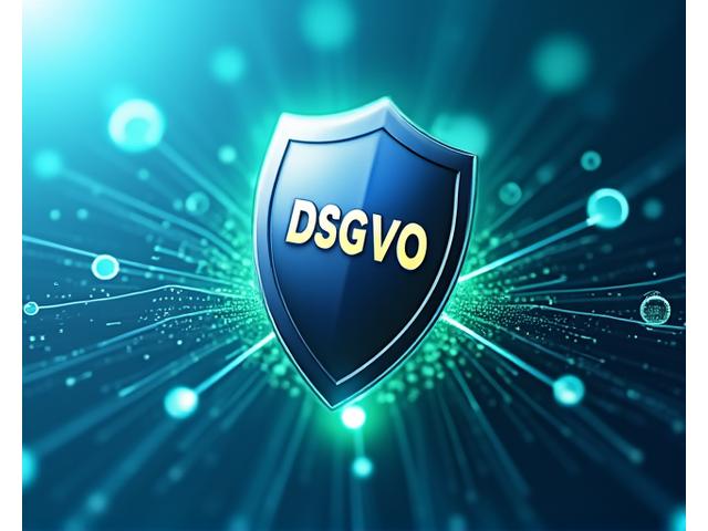 Ein großes DSGVO-Konformitäts-Siegel auf einem Bildschirm, umgeben von einem sicheren Netzwerk.