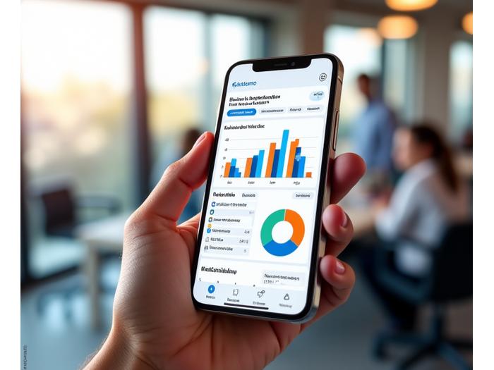 Mobile BI-Dashboard mit interaktiven Diagrammen und KPIs auf einem Smartphone.
