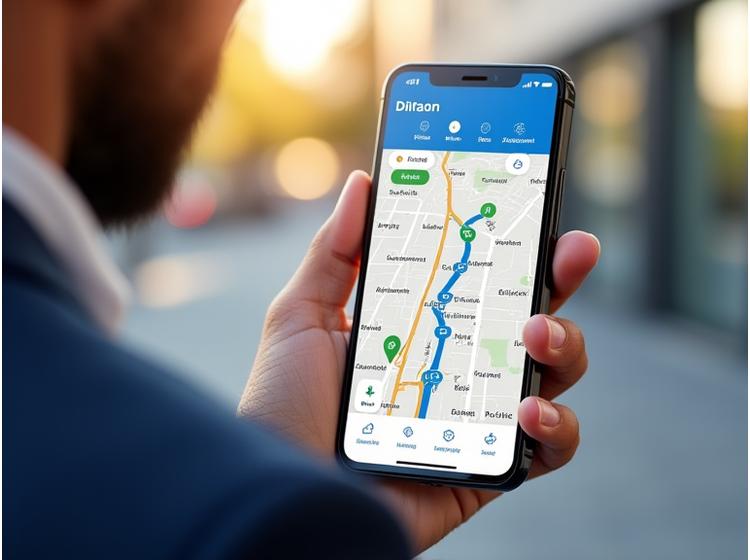Außendienstmitarbeiter, der ein Smartphone mit einer Karte und Kundenstandorten verwendet, symbolisiert GPS-Integration.