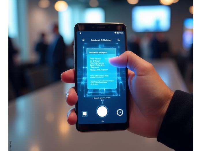 Smartphone-Bildschirm zeigt eine App, die eine Visitenkarte scannt, symbolisiert Lead-Erfassung.