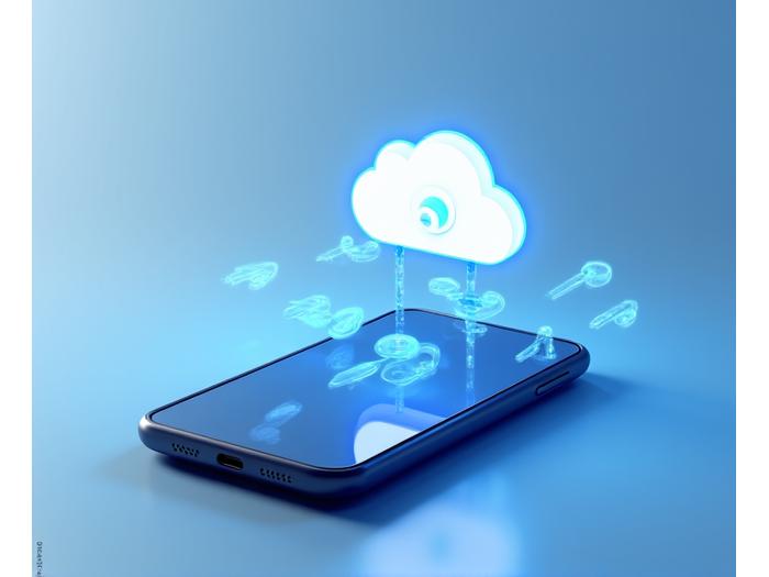 Illustration, die einen Smartphone-Bildschirm mit Offline-Modus-Anzeige und Synchronisierungspfeilen zu einer Cloud zeigt.