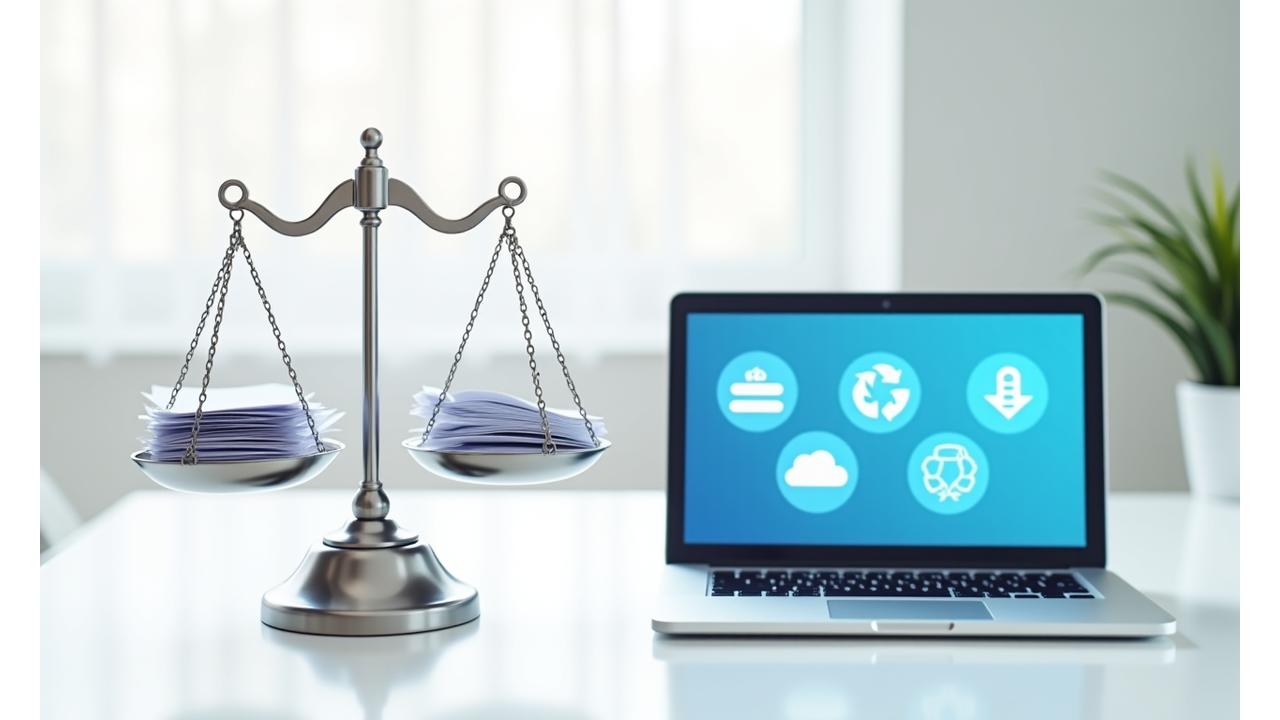 Eine Waage mit Dokumenten und ein Laptop mit Datensymbolen