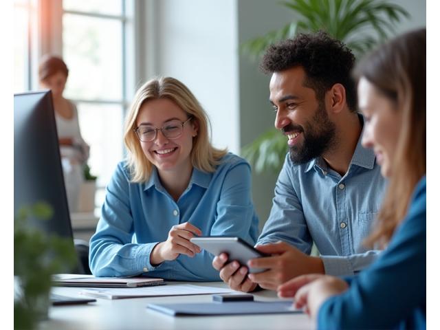Ein Team von Kokonn CRM Mitarbeitern, die sich um eine Kundin kümmern und ihr lächelnd Support bieten
